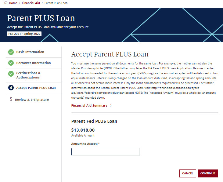 Screenshot of UAcess Student Center Parent PLUS loan acceptance page