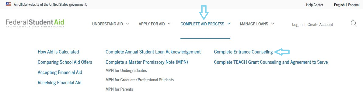 Screenshot of where to access loan entrance counseling on studentaid.gov