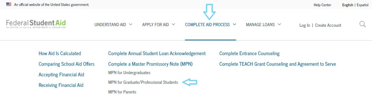 Screenshot of where to access MPN for graduate students on studentaid.gov