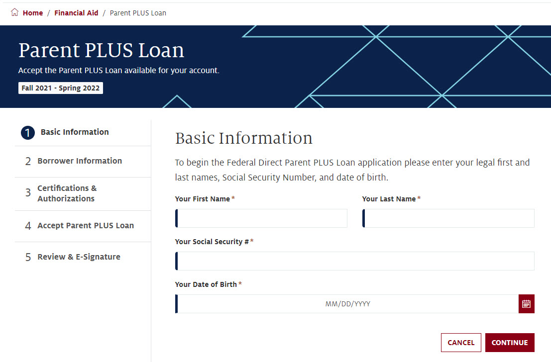 Screenshot of necessary information to complete parent PLUS loan application in UAccess Student Center