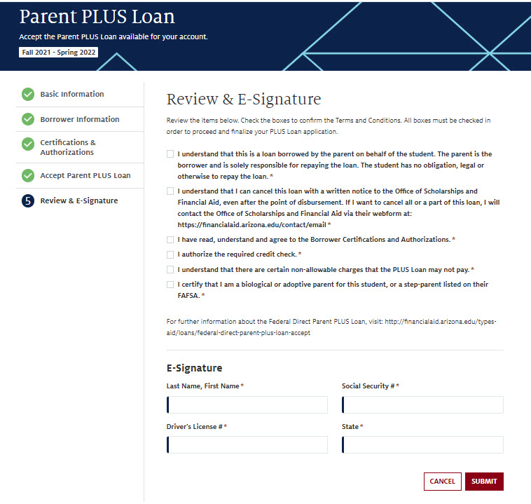 Screenshot of e-signature page of parent PLUS loan application in UAccess Student Center