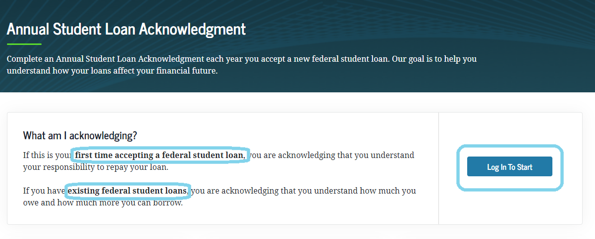 Screenshot of annual student loan acknowledgement on studentaid.gov