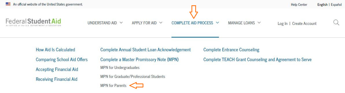 Screenshot of where to access parent PLUS loan MPN on studentaid.gov