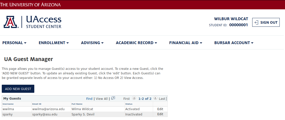 Screenshot of UAccess Student Center showing dark blue "ADD NEW GUEST" button
