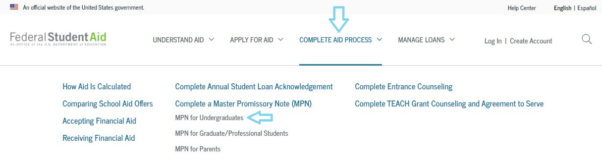 Screenshot of where to access MPN for undergraduates on studentaid.gov
