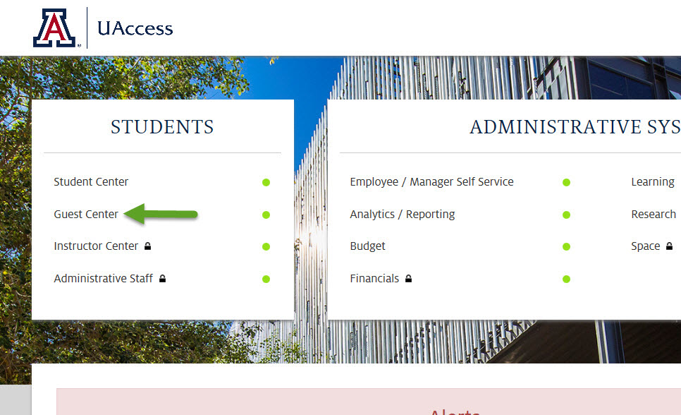 Screenshot of UAccess Guest Center log in page