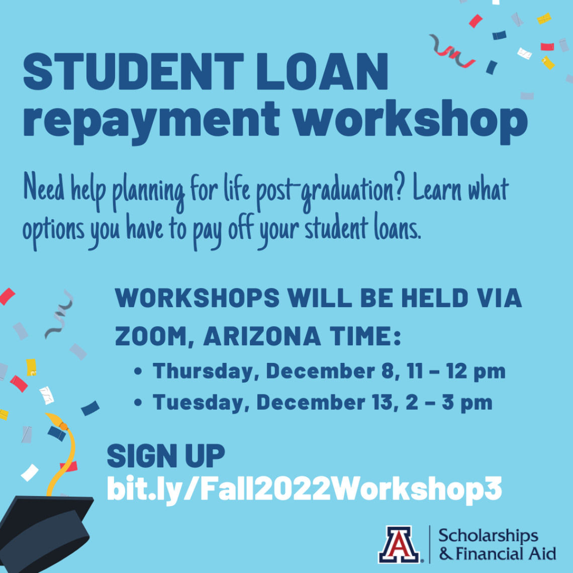Student Loan Repayment Workshop flyer with dates/time and RSVP link