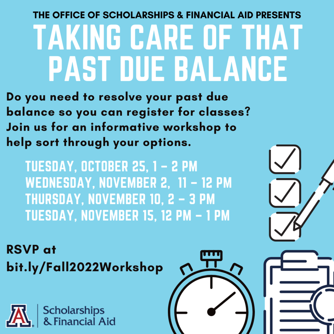 Taking Care of That Past Due Balance Flyer with dates/times and RSVP link.