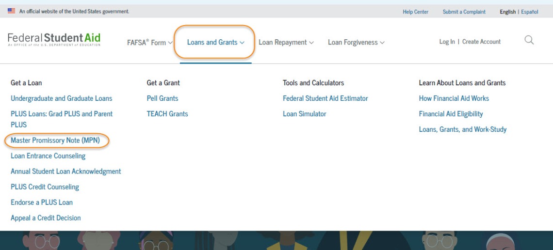 Screenshot of studentaid.gov site menu 1