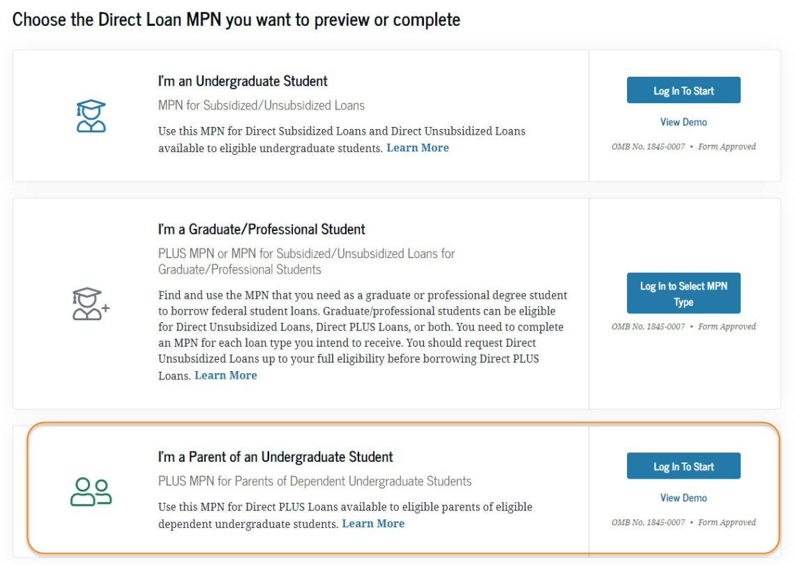 Screenshot of studentaid.gov site MPN selection