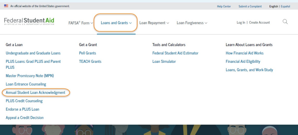 Screenshot of studentaid.gov site menu 2