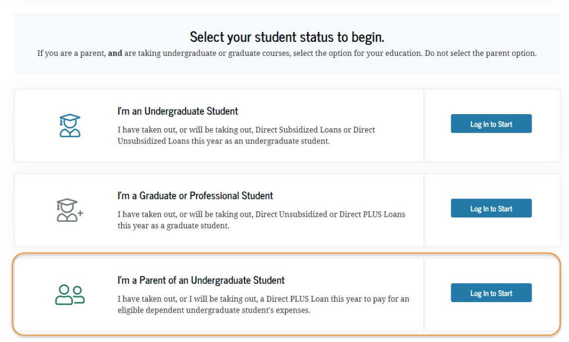Screenshot of studentaid.gov parent selection