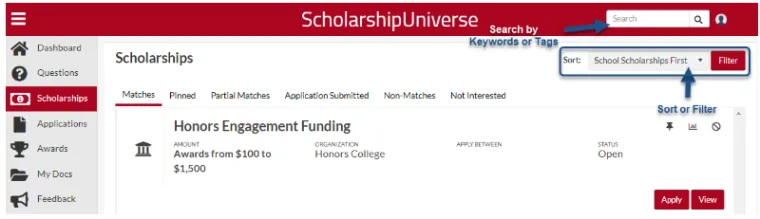 Search function in Scholarship Universe