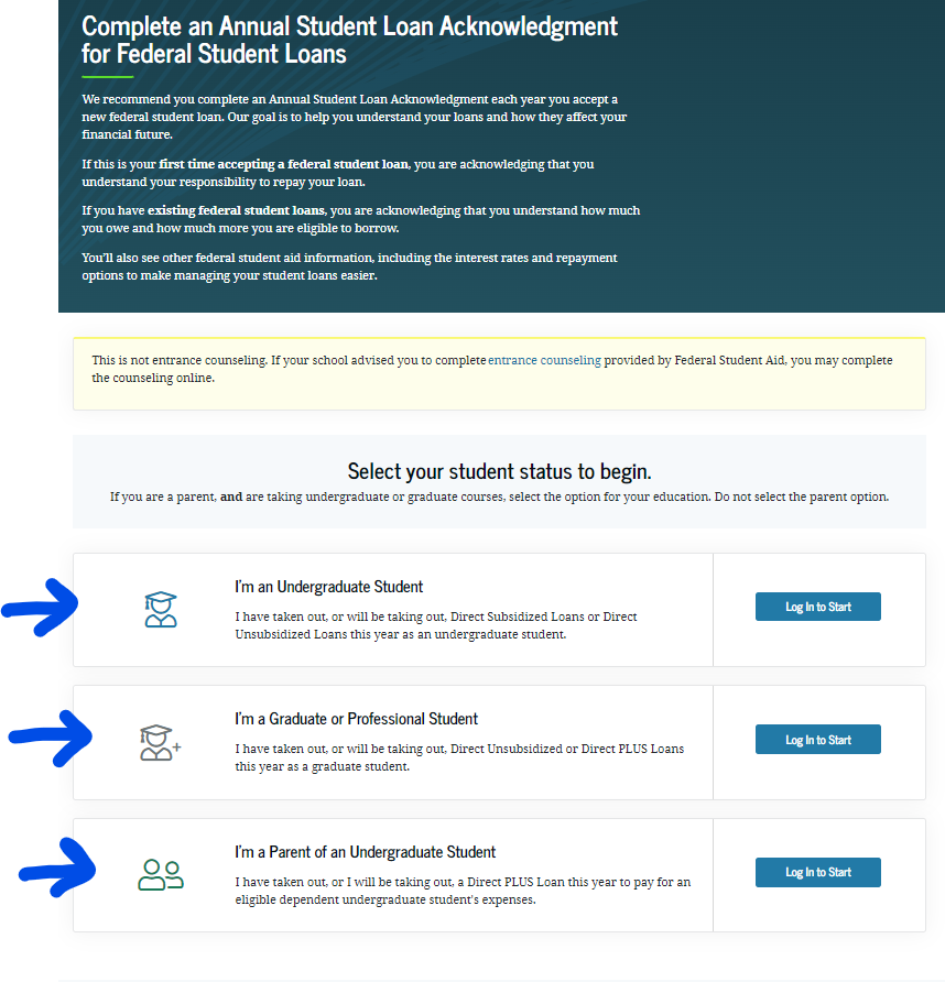Annual Student Loan Acknowledgment student selection
