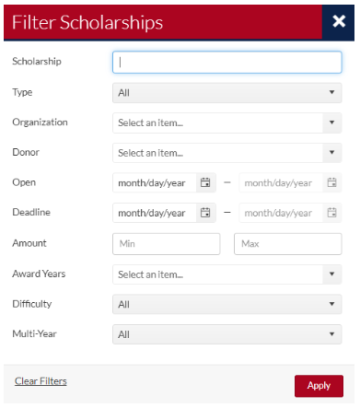 Filter option in Scholarship Universe